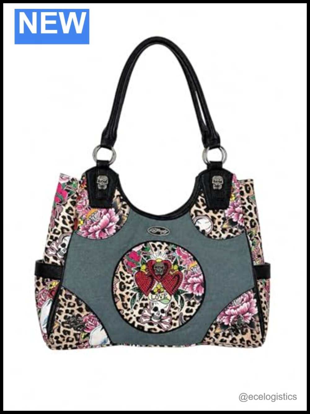 Faux Leather Shoulder Tote Purse with Skull Floral Print and Snap Closure -